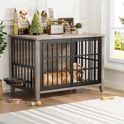 Lulive Large Dog Kennel Indoor with 360°& Adjustable Raised Dog Bowls, Wooden Dog Crate Furniture Double Doors Furniture Dog Crates End Table for Large/Medium Dogs 37.8" L*23.6" W*27" H, Grey
