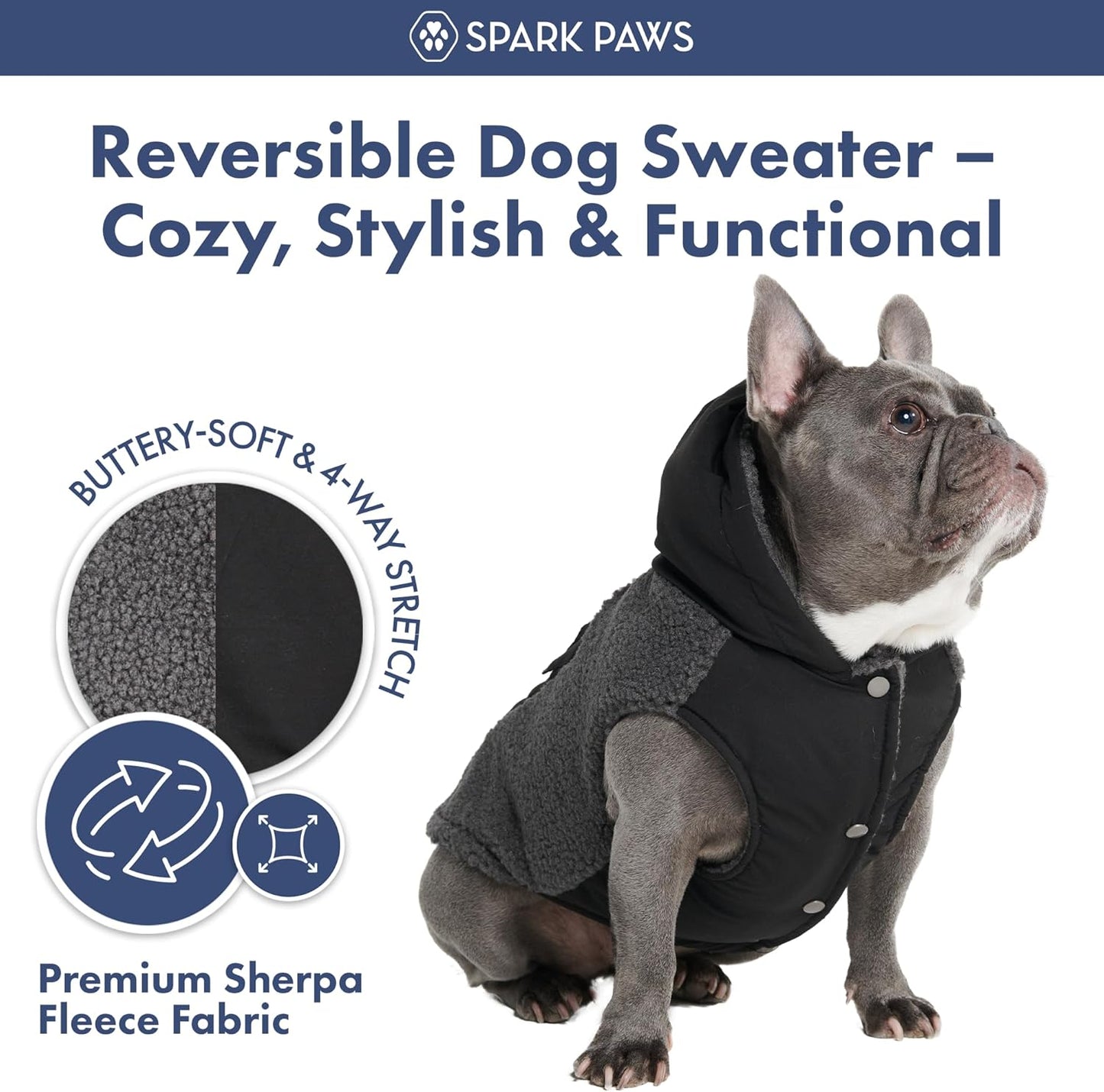 Spark Paws Reversible Dog Sweater, Sherpa Jacket Vest with Warm Fleece Lining, Warm Coat for Winter, Suitable for Small Medium, Large, XL XXL Dogs - Black and Grey - 3XL