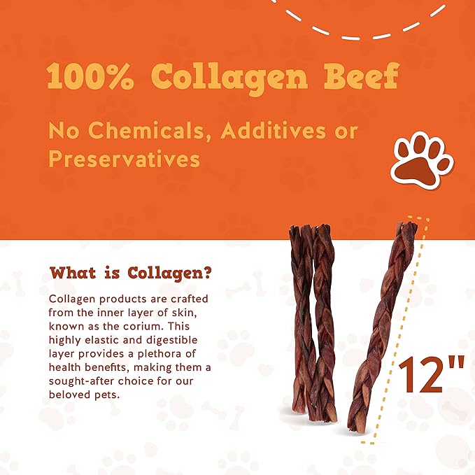 Jack&Pup 12" Braided Beef Collagen Sticks for Dogs - Rawhide Free Dog Chews Long Lasting Collagen Chews for Dogs - Bully Sticks Alternative (8 Pack)