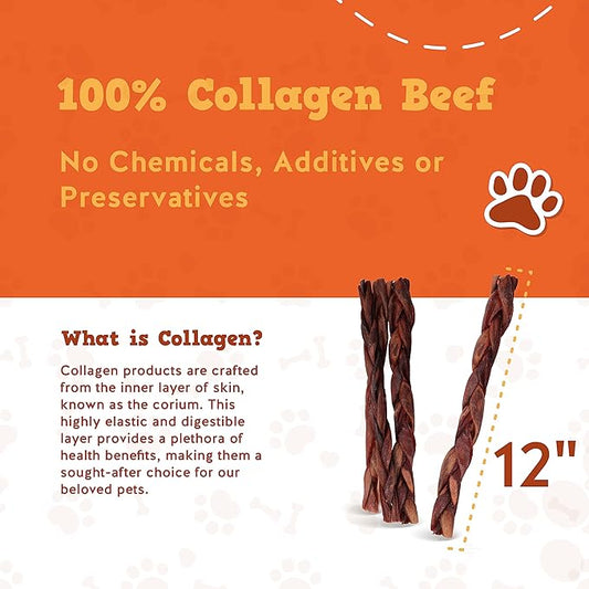 Jack&Pup 12" Braided Beef Collagen Sticks for Dogs - Rawhide Free Dog Chews Long Lasting Collagen Chews for Dogs - Bully Sticks Alternative (8 Pack)