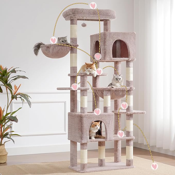 Heybly Cat Tree, 76-Inch Tall Heavy Duty Cat Tower for Big Cats with Extra Wide Baseboard, Multi-Level Large Cat Furniture with 2 Condos & 2 Hammocks, 10 Scratching Posts, Muchroom HCT039MU