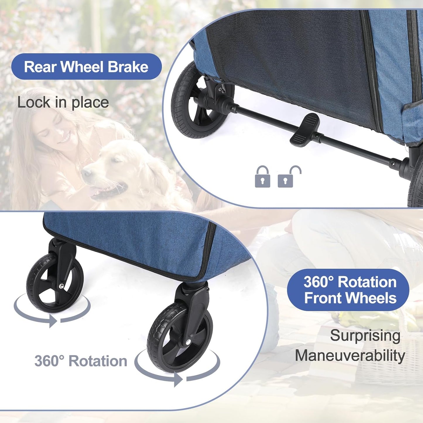 Large Dog Travel Stroller with 4 Heavy Duty Wheels Pet Stroller with Adjustable Handle - Double Doggie Capacity Jogger Wagon with Back Front Door for Small Medium Large Dogs (Navy-C) - Pawvie