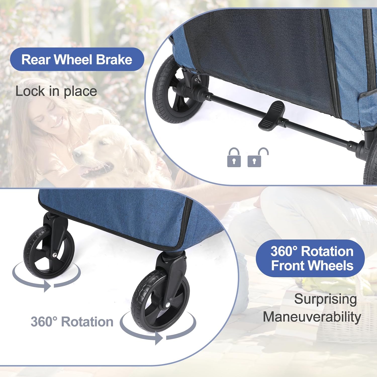 Large Dog Travel Stroller with 4 Heavy Duty Wheels Pet Stroller with Adjustable Handle - Double Doggie Capacity Jogger Wagon with Back Front Door for Small Medium Large Dogs (Navy-C) - Pawvie