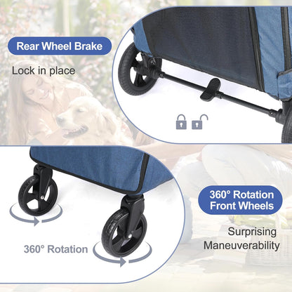 Large Dog Travel Stroller with 4 Heavy Duty Wheels Pet Stroller with Adjustable Handle - Double Doggie Capacity Jogger Wagon with Back Front Door for Small Medium Large Dogs (Navy-C) - Pawvie