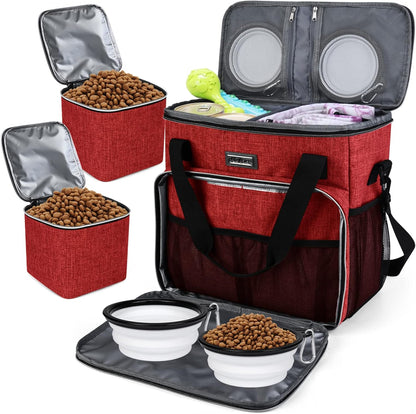 BAGLHER Dog Travel Bag, Pet Travel Bag (ALL Pet Travel Supplies), With 2 Pet Food Containers and 2 Collapsible Silicone Bowls; Essential Kits for Pet Travel Red