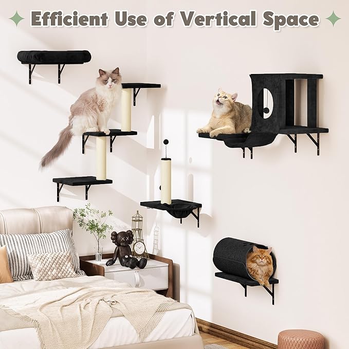 NUNU LAB Wall Mounted Cat Wall Shelves, 14-in-1 Cat Wall Climber with Bridge, Tunnel, House, Scratcher, Steps, Indoor Space-Saving Furniture for Kittens Play, Black