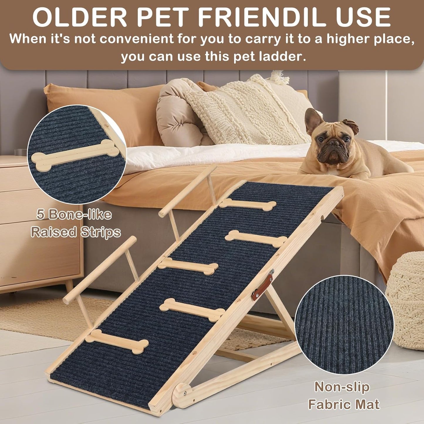 Dog Ramp for Bed Couch Extra Wide Folding Pet Ramps for Large Dogs to Get on Bed, Portable Doggie Steps 6 Adjustable Height 27.3”, 47.3" Long - Pawvie