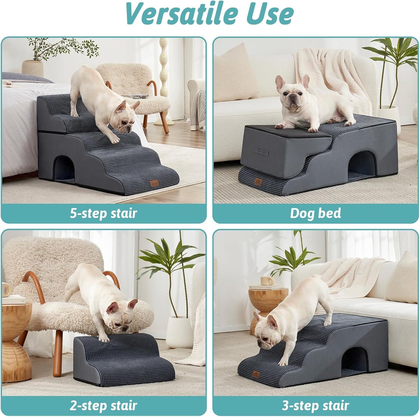 Extra Wide Dog Stairs with Tunnel, Detachable Large Pet Step for Small Medium Dog, Puppy or Cat, Ramp for High Bed, Couch, Sofa or Car, Stable, 19.7x33x22.4 inch, 5 Step, Dark Grey