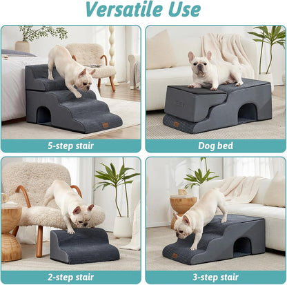 Extra Wide Dog Stairs with Tunnel, Detachable Large Pet Step for Small Medium Dog, Puppy or Cat, Ramp for High Bed, Couch, Sofa or Car, Stable, 19.7x33x22.4 inch, 5 Step, Dark Grey