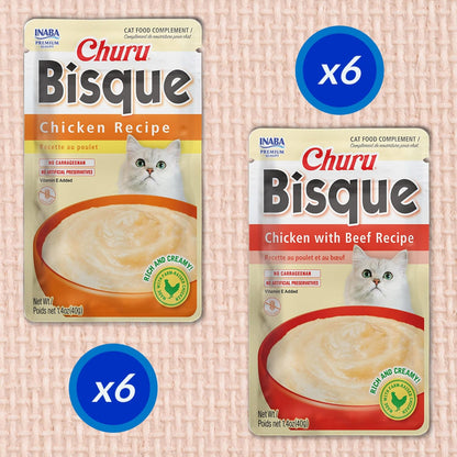INABA Churu Bisque for Cats, Creamy Lickable Purée Side Dish with Vitamin E, 1.4 Ounces per Pouch, 12 Pouches, Chicken Variety