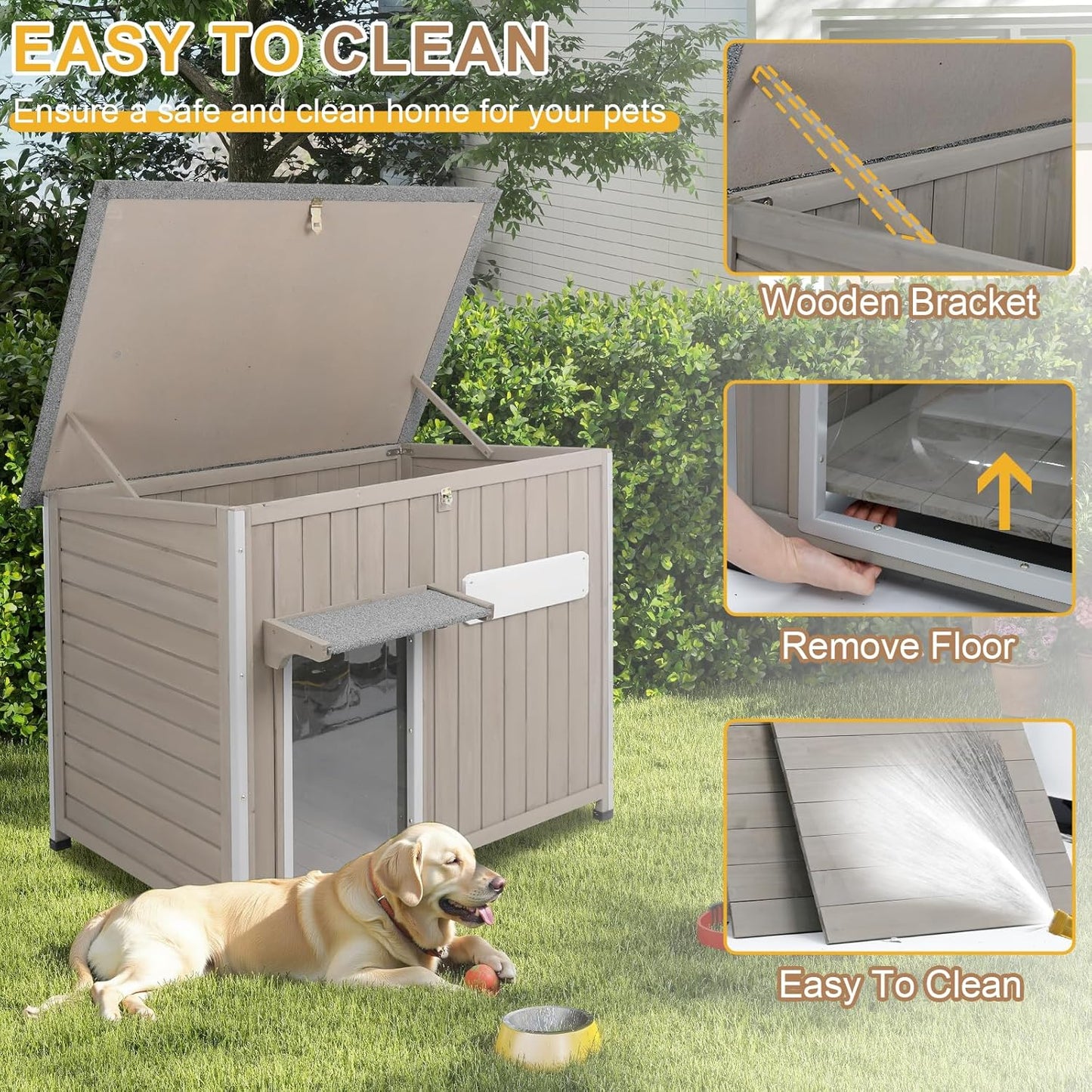 Weatherproof Outdoor Dog House, Wooden Puppy Shelter with Anti-Chewing Iron Frame and Elevated Floor, Sturdy Dog Kennel for Small, Medium & Large Dogs, Grey (Gray, 40" L x 26" W x 31" H)