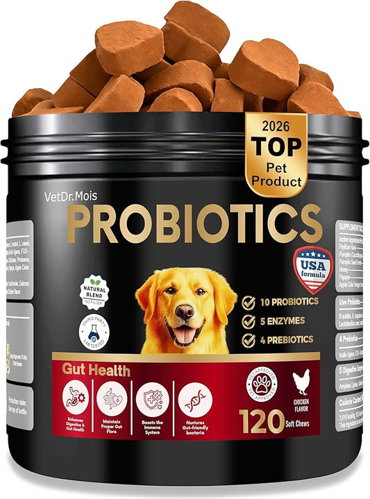 Dog Probiotics Chews Supplement – Digestive Support & Gut Health for Dogs, Helps Loose Stool, Gas & Sensitive Stomachs, Supports Itchy Skin, Allergy & Immune Health – 120 Ct