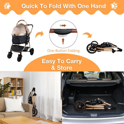Dog Stroller for Small Medium Dogs, 3 in 1 Folding Pet Stroller Up to 33 lbs, 4 Wheels Pet Strolling Cart with Zipperless Entry, Cat Dog Travel Carrier with Cup Holder & Storage Basket - Pawvie