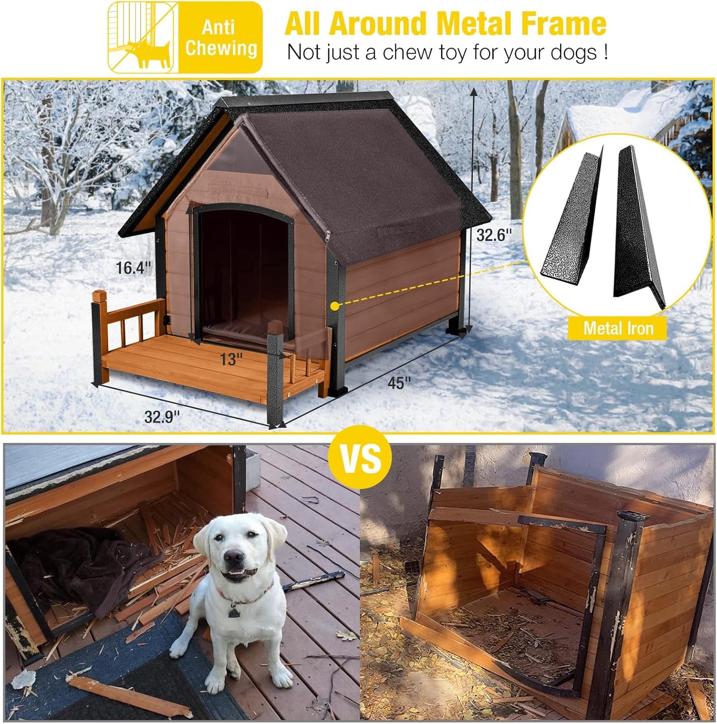 Dog House with Insulated Liner, Waterproof Dog Kennel for Small to Large Sized Dogs, Outdoor Doghouse 100% Insulated Puppy Shelter with Elevated Floor for Winter(Brown)