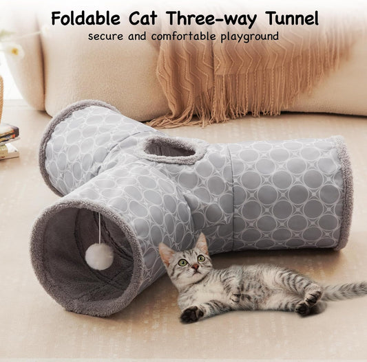 Tempcore Pet Cat Tunnel Tube Cat Toys 3 Way Collapsible, Cat Tunnels for Indoor Cats Fleece-Lined in for Warmth๏ผKitty Tunnel Bored Pet Toys Peek Hole Toy Ball Cat, Puppy, Kitten, Geometry Grey