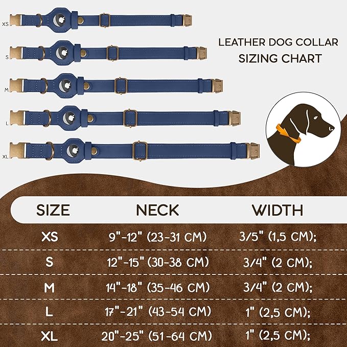AirTag Dog Collar - Genuine Leather Dog Collar with Apple AirTag Holder and Metal Buckle - Smart GPS Tracking Pet Collars (Smoky Blue, L, 17"-21" Neck Fit)
