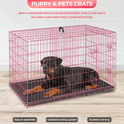 FDW Dog Crate for Large Dogs 48 Inch Folding Metal WirePet Cage Double Door W/Divider Panel Indoor Outdoor Kennel Leak-Proof Plastic Tray,Pink