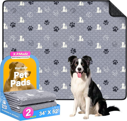 Washable Pee Pads for Dogs, 2 Pack Reusable Puppy Pads, Waterproof Pet Pee Pads for Dog Potty Training, Extra Large Dog Pee Pads for Crate, Playpen, and Whelping, Durable and Absorbent, Grey 34"x52"