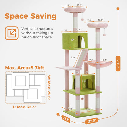 PAWZ Road 70 Inch Cat Tower, Pink Cat Tree with 2 Cozy Condos, 2 Plush Perch, Large Basket, 2 Scraching Pad & 6 Scraching Posts for Indoor Cats Large Adult