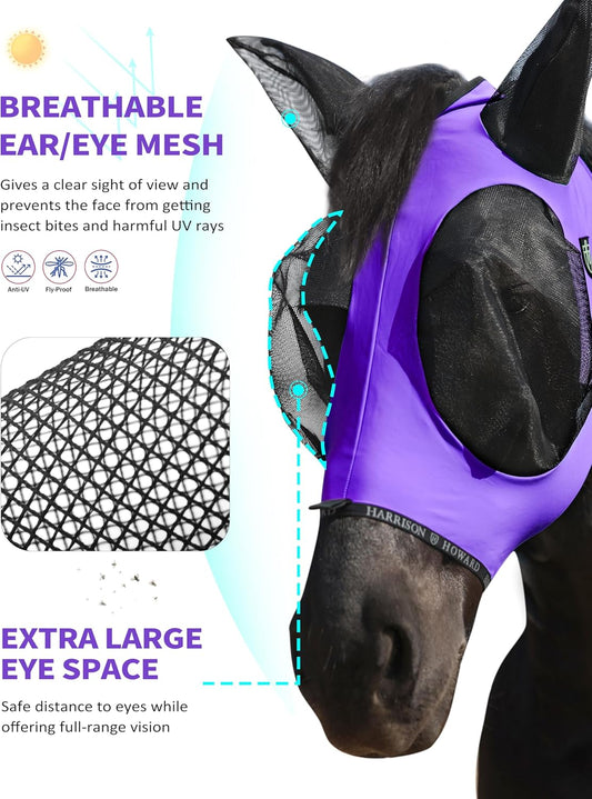 Harrison Howard Horse Fly Mask with Forelock Opening Stretch Breathable and Comfortable for Horses UV -Protection Purple M