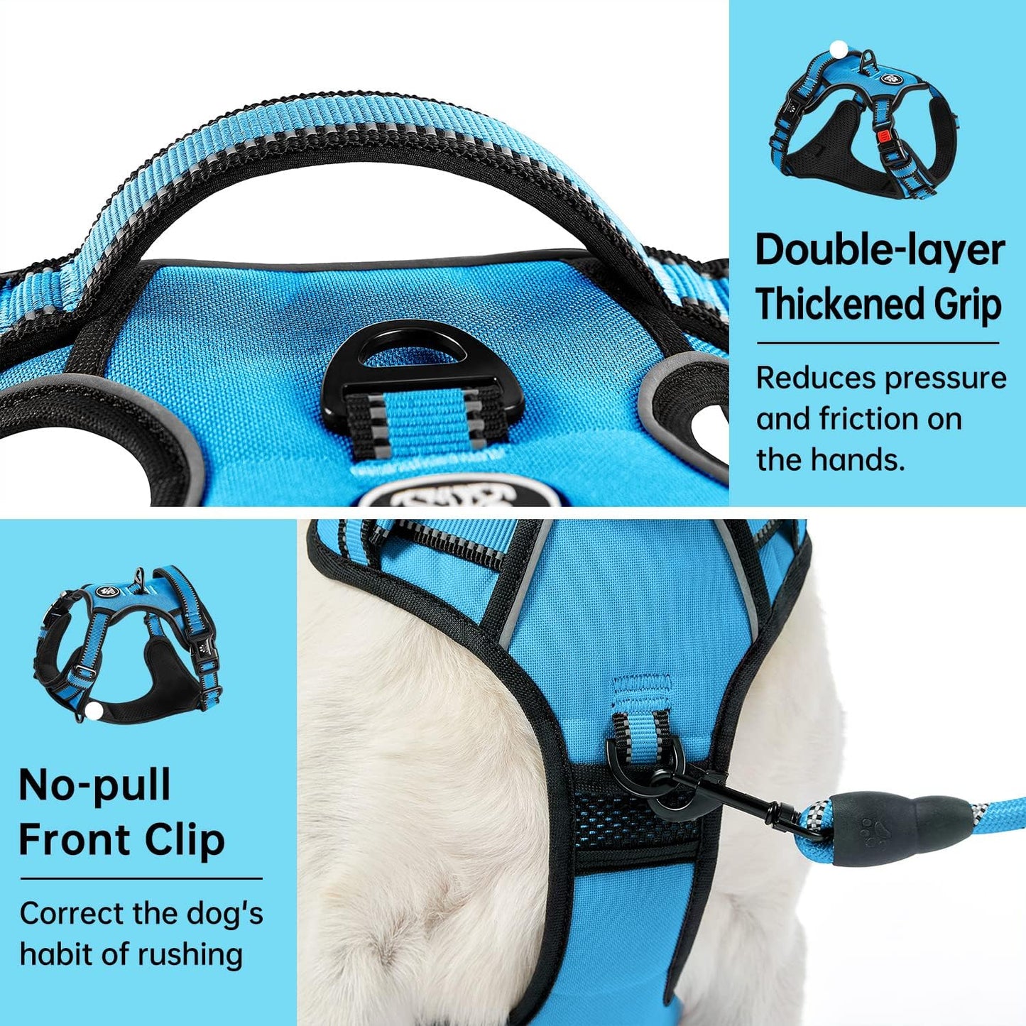 IVY&LANE No Pull Dog Harness for Large Dogs, Dog Vest Harness with Leash, Safety Belt and Storage Strap, Fully Adjustable Harness, 360° Reflective Strip, Soft Handle (Blue,XL)