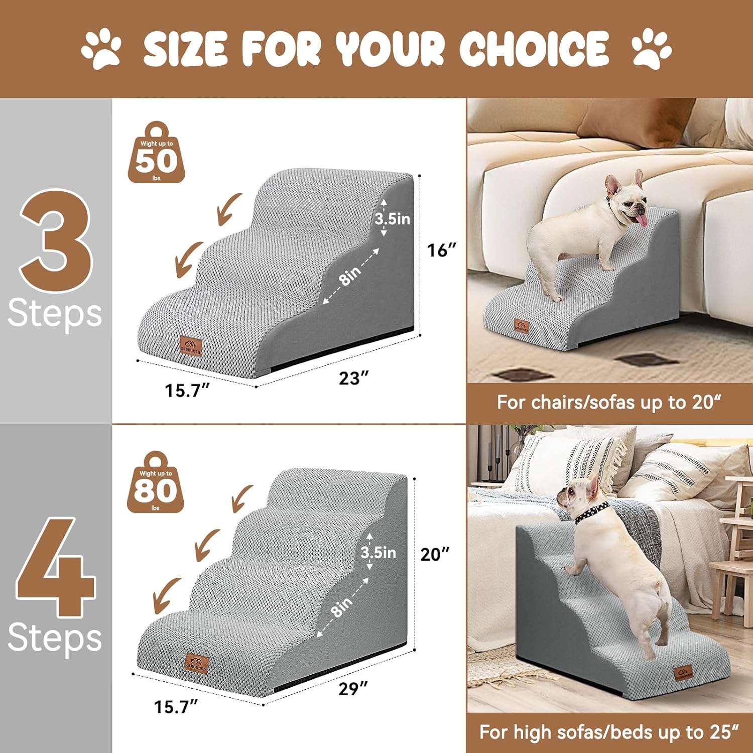 Dog Ramp and Stair for Bed 16" H-20 H,3-Step Cat Stair for Sofa and Chair,4-Step Dog Ramp for High Bed and Window,Durable Nonslip Fabric Cover for Indoor (Light Grey-20 H, Pet Friendly, 4) - Pawvie