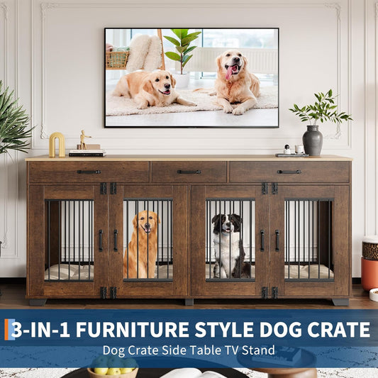 71 Inch Dog Crate Furniture for 2 Rooms, Wooden Double Crate Large Breed with Door, Dog Kennel Indoor, TV Stand End Table with Divider for Large Medium Dogs,Brown