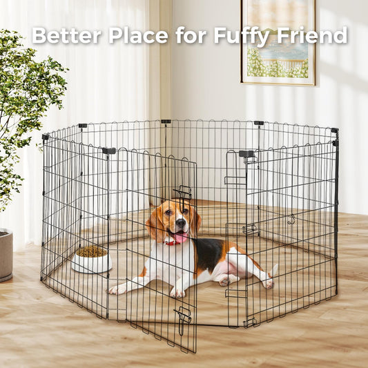 Foldable Dog Playpen 30" Height 8 Panels Metal Exercise Pen with Door - Indoor/Outdoor Puppy Playpen for Small Dogs, Portable Pet Fence for Yard Garden Camping, Black