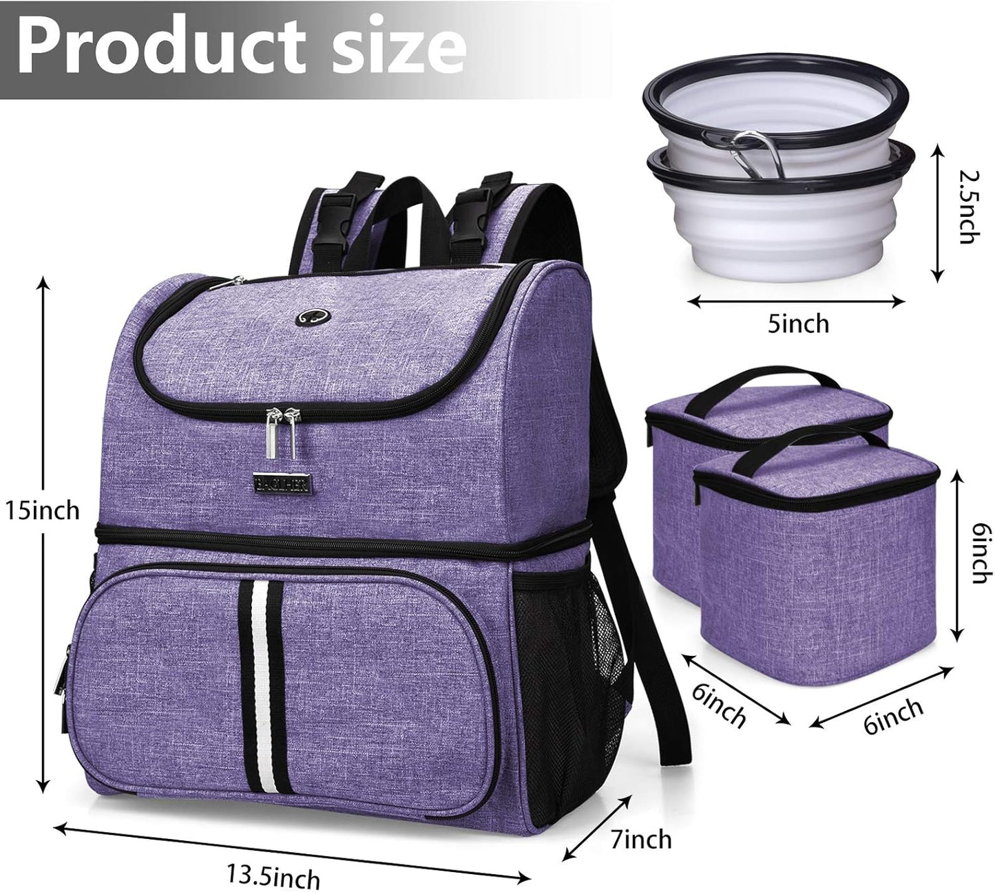 BAGLHER Pet Travel Bag, Double-Layer Pet Supplies Backpack (for All Pet Travel Supplies), Pet Travel Backpack with 2 Silicone Collapsible Bowls and 2 Food Baskets Purple - Pawvie