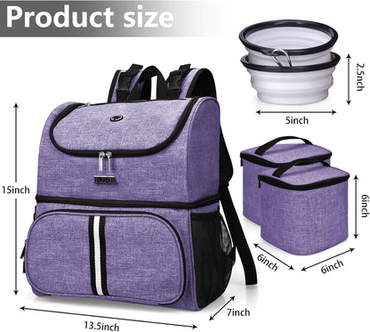 BAGLHER Pet Travel Bag, Double-Layer Pet Supplies Backpack (for All Pet Travel Supplies), Pet Travel Backpack with 2 Silicone Collapsible Bowls and 2 Food Baskets Purple - Pawvie
