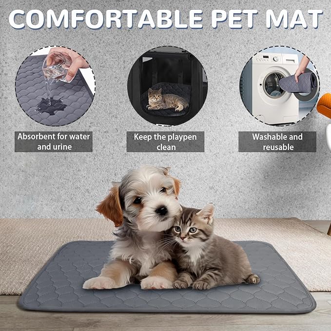 Portable Dog Cat Playpen with Waterproof Pad,Collapsible Pet Puppy Kitten Crate,Foldable Small Animals Kennel Cage for Indoor Outdoor Travel Camping,Water-Resistant Breathable Shade Cover (Grey M)