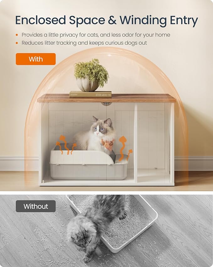 SONGMICS HOME Litter Box Enclosure, Superfast Toolless Assembly, Cat Litter Box Furniture, Push-to-Open Doors, Indoor Cat House, Rustic White and Honey Brown UPCL233WJ04S