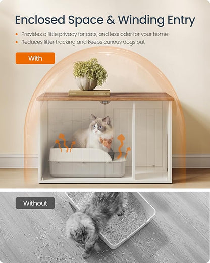 SONGMICS HOME Litter Box Enclosure, Superfast Toolless Assembly, Cat Litter Box Furniture, Push-to-Open Doors, Indoor Cat House, Rustic White and Honey Brown UPCL233WJ04S