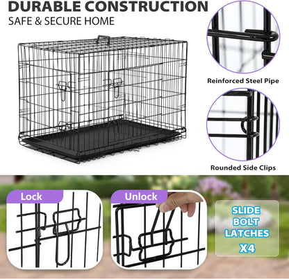 BestPet | Dog Crate | 30" | Black | Foldable Metal Kennel with Double Doors, Secure Slide-Bolt Latches, Leakproof Tray | Portable Dog Cage for Small Breeds | for Travel, Indoor & Outdoor Use