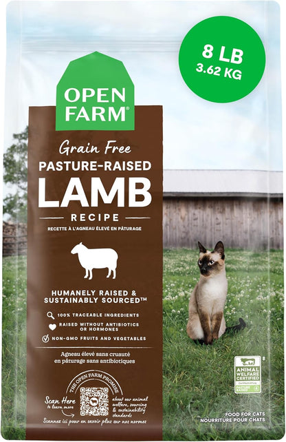 Open Farm, Grain Free Dry Cat Food, High-Protein Kibble for a Complete & Balanced Diet, Non-GMO Fruits & Vegetables, Prebiotic Fibers to Support Digestion, Pasture-Raised Lamb Recipe, 8lb Bag