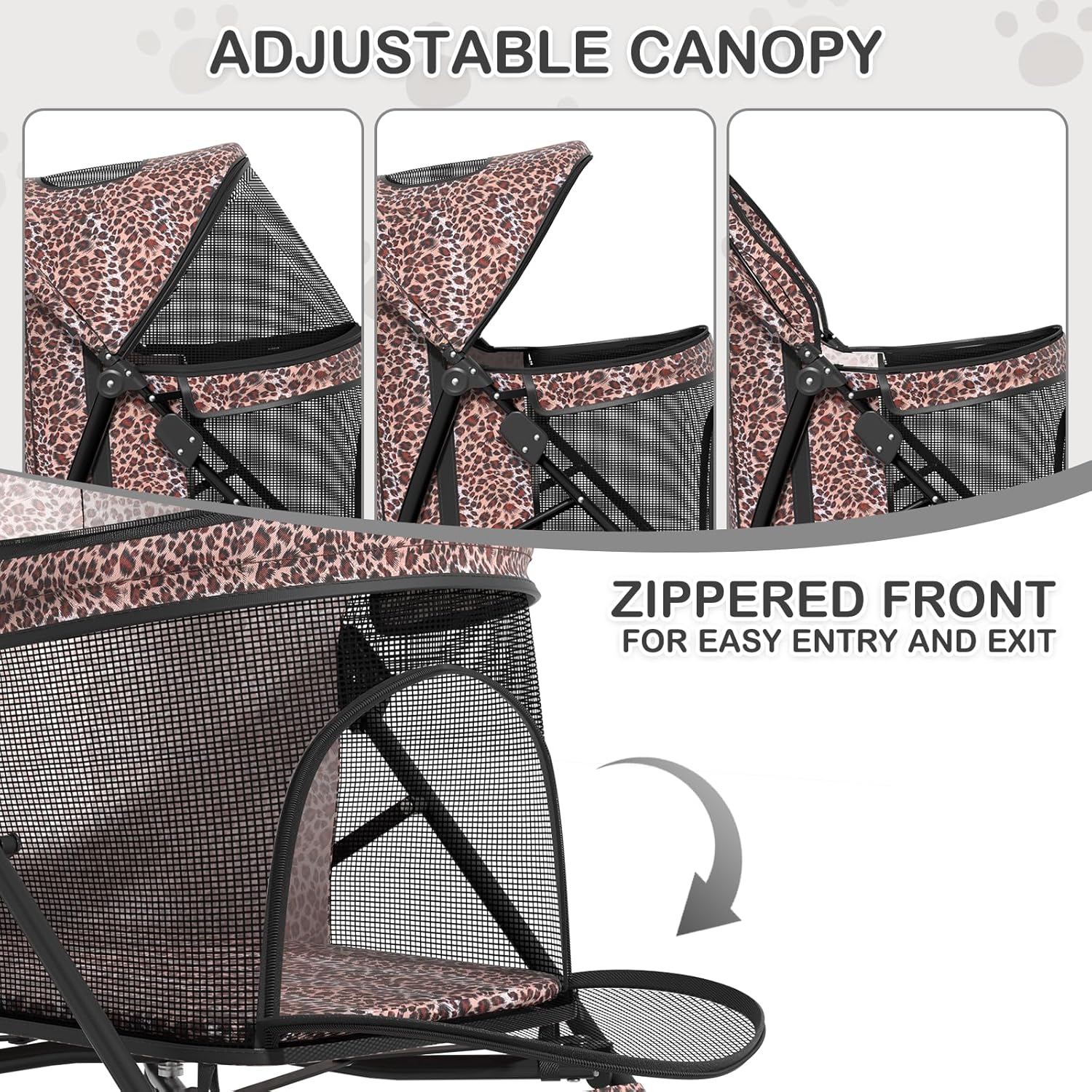 MoNiBloom 4 Wheels Pet Stroller, Easy-Fold Umbrella Shaped Dog Cat Jogger Stroller w/Storage Bag & Visible Mesh for Small/Medium Dogs Cats Leopard Print - Pawvie