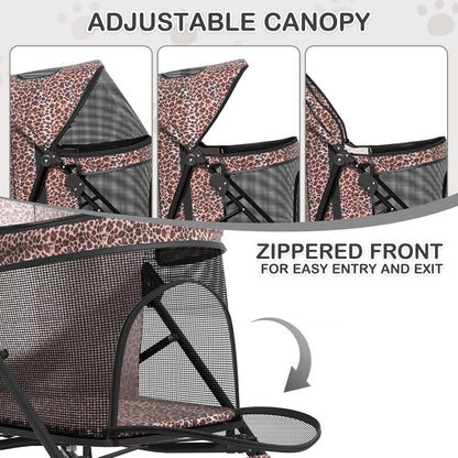 MoNiBloom 4 Wheels Pet Stroller, Easy-Fold Umbrella Shaped Dog Cat Jogger Stroller w/Storage Bag & Visible Mesh for Small/Medium Dogs Cats Leopard Print - Pawvie