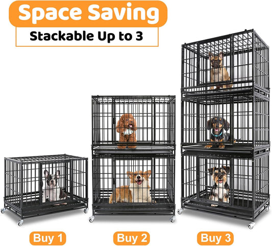 Homey Pet 37 Inch Heavy Duty Dog Crate Indestructible, Collapsible Dog Cage with Lockable Wheels, Removable Tray, High Anxiety Dog Kennel Indoor, Three Tiers Stackable Dog Crates for Medium Dogs