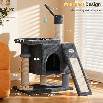 PetDance 37in All-in-1 Small Cat Tree for Indoor Cats | Space-Saving Cat Tower with Cozy Condo, Cat Window Perch, Sisal Scratching Posts, Interactive Ball Track Toy & Self-Grooming Brush,Dark Gray