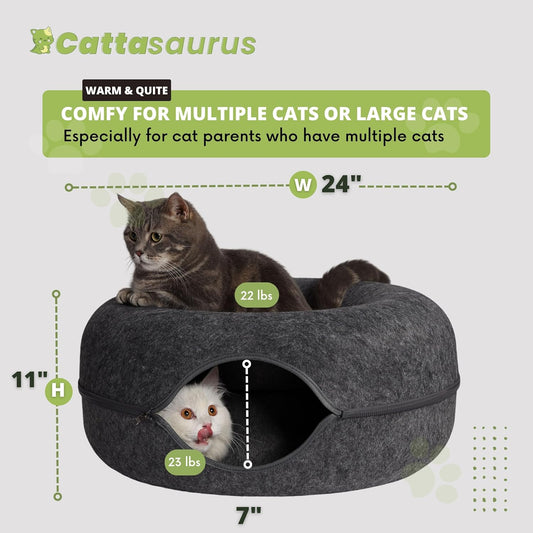 CATTASAURUS Peekaboo Cat Cave for Multiple & Large Cats Up to 30-45 Lbs, Scratch Detachable & Washable Tunnel Bed, Comfy Donut Cat Cave (Light Gray + Dark Gray, Large)