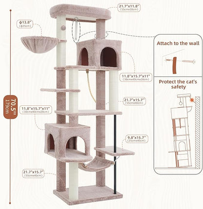 Cat Tree for Indoor Cats Large Adult, 70.5'' Cat Tower with Scratching Post, Sturdy Steel Pube Cat Tree Tower with Large Playing Platfrom, Hammock and Basket, Top Perch, Mushroom GCT024MU
