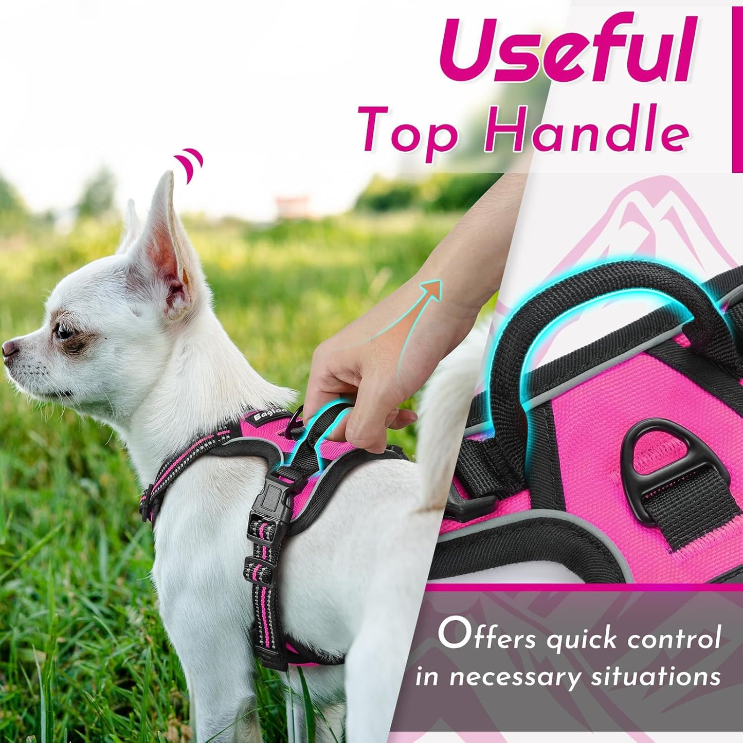 Eagloo Small Dog Harness No Pull, Service Vest with Reflective Strips and Control Handle, Adjustable and Comfortable for Easy Walking, No Choke Pet Harness with 2 Metal Rings, Rose Red, XS
