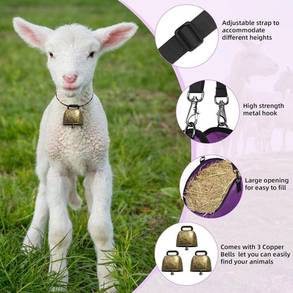 3 PCS Goat Hay Feeder,Hay Bags for Horses,Goats,Donkeys with Reinforced Oxford Fabric and High Strength Metal Clasp,Horse Feeding Supplies with Adjustable Strap for Easy Hanging (2Purple+1Grey)