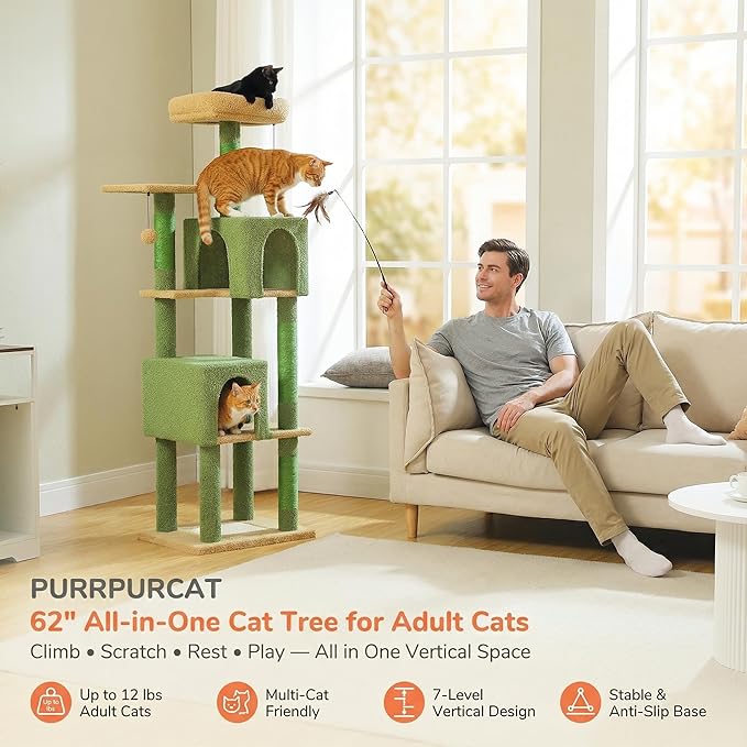 62" Cactus Cat Tree for Large Cats, Multi-Level Cat Tower with 2 Plush Condos, Soft Bed, Scratching Posts & Pad, Padded Perch & 2 Hanging Pompoms for Indoor Cats, Green