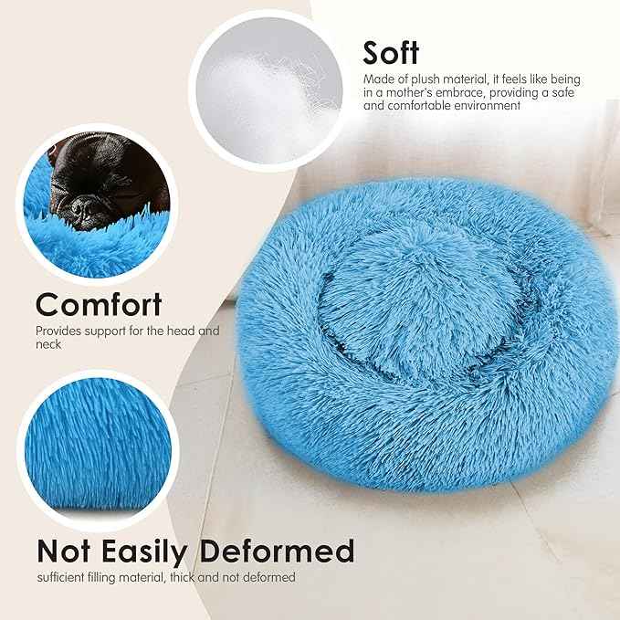 Dogs Bed for Small Dogs, Anti-Anxiety Washable Round Bed (Light Blue, 24.0" L x 24.0" W x 8.0" Th)