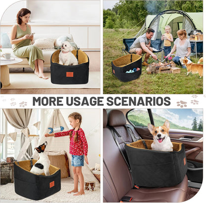 Dog Car Seat for Small Medium Dogs, Memory Foam Booster Car Seat for Dogs up to 35 lbs, Elevated Pet Car Seat, Travel Bed with Washable Removable Cover and Storage Pockets (Black/Coffee)