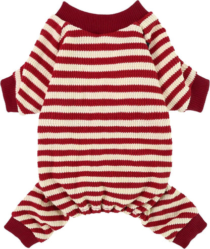 Fitwarm Red and White Striped Dog Pajamas, Waffle Dog Clothes for Small Dogs Girl Boy, Puppy Onesie with Feet, Pet Christmas Outfit, XL