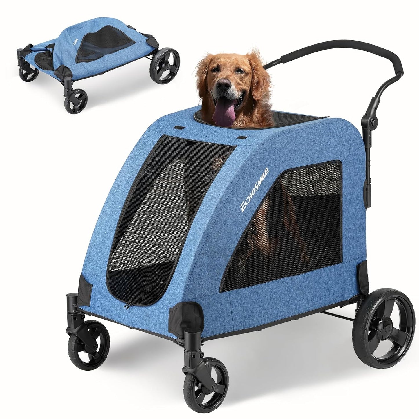 EchoSmile Heavy-Duty Large Dog Stroller with Shock-Absorbing Wheels, Foldable Pet Travel Carrier for Medium & Large Dogs, 5 Mesh Windows, 160 lbs Capacity, Easy Assembly & Storage - Pawvie