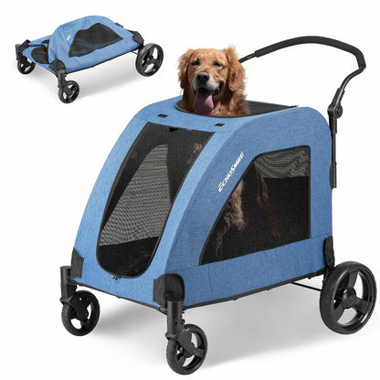 EchoSmile Heavy-Duty Large Dog Stroller with Shock-Absorbing Wheels, Foldable Pet Travel Carrier for Medium & Large Dogs, 5 Mesh Windows, 160 lbs Capacity, Easy Assembly & Storage - Pawvie
