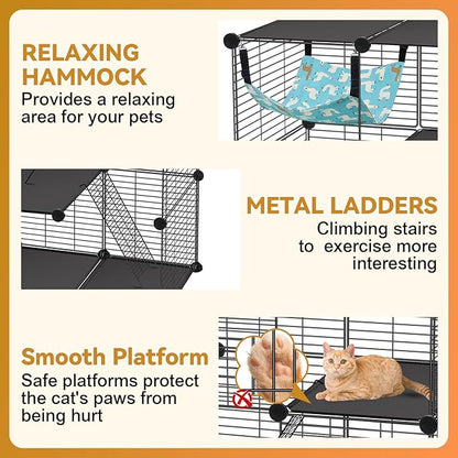 Cat Cage, 3-Tier DIY Catio Cat Enclosures, 36" x 16" x 36" Cat Playpen Indoor & Outdoor with Hammock, Detachable Metal Wire Kennel Cats Crate, 3x1x3 Exercise Place for 1-2 Kitten/Squirrel